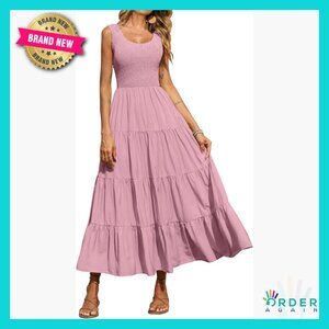 Sleeveless Smocked Maxi Dress Tiered Boho Chic Spring Beach Casual